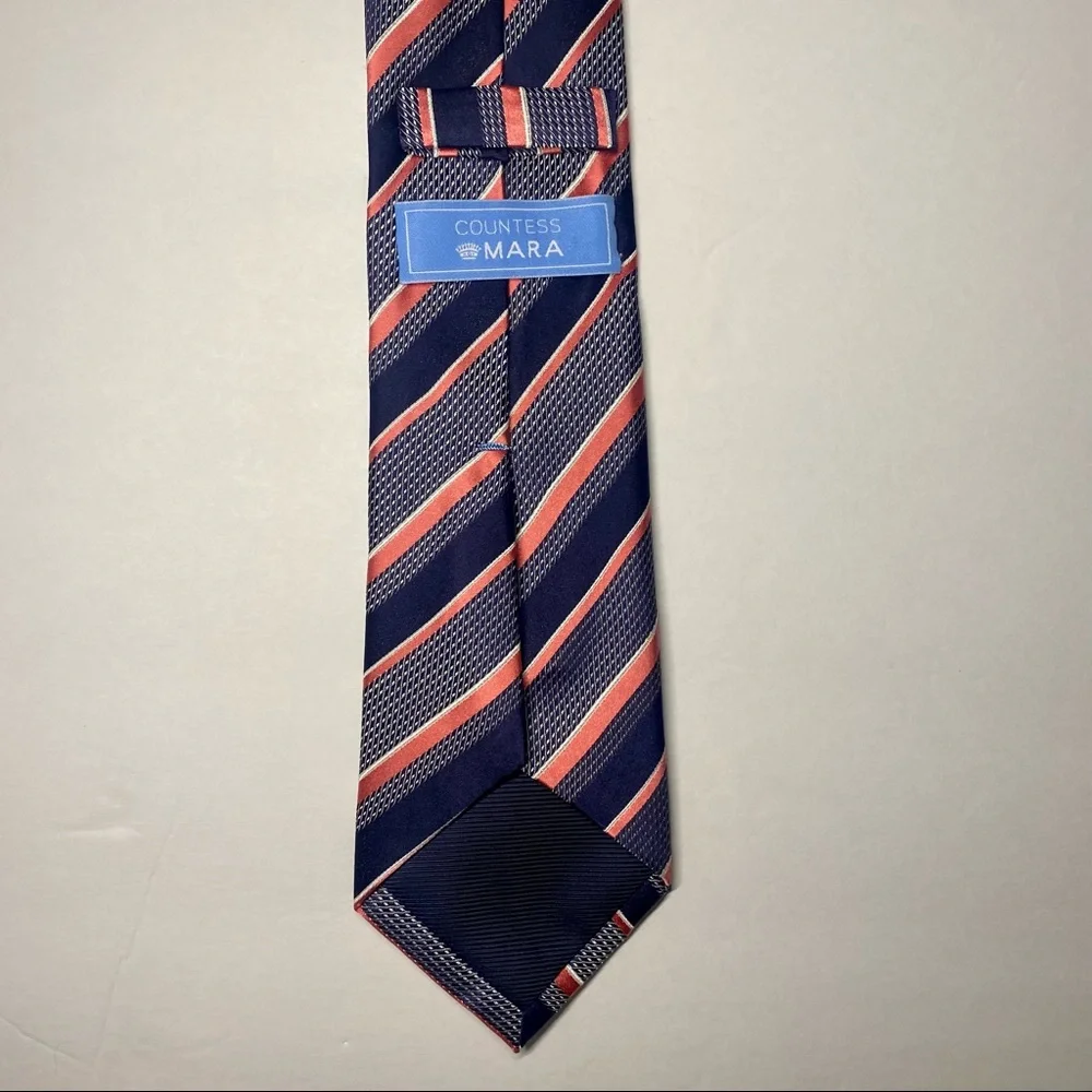 Countess Mara Blue & Salmon Silk Classic Striped Tie 3.75” x 60”
